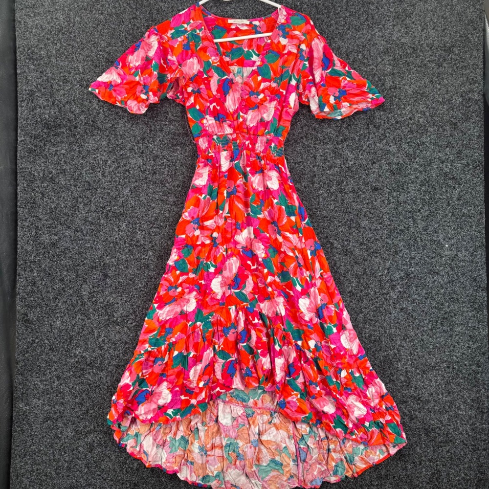 Abel the Label Floral High Low Midi Dress Red Pink XS Smocked Waist Rayon Boho